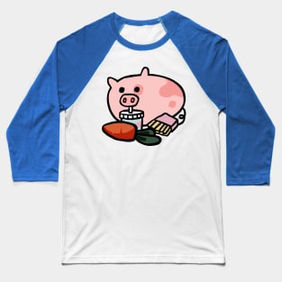 Cute Piggy Cartoon Eating Breakfast Baseball T-Shirt